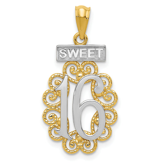 14K Yellow & Rhodium W/Rhodium Filigree Sweet 16 Pendant