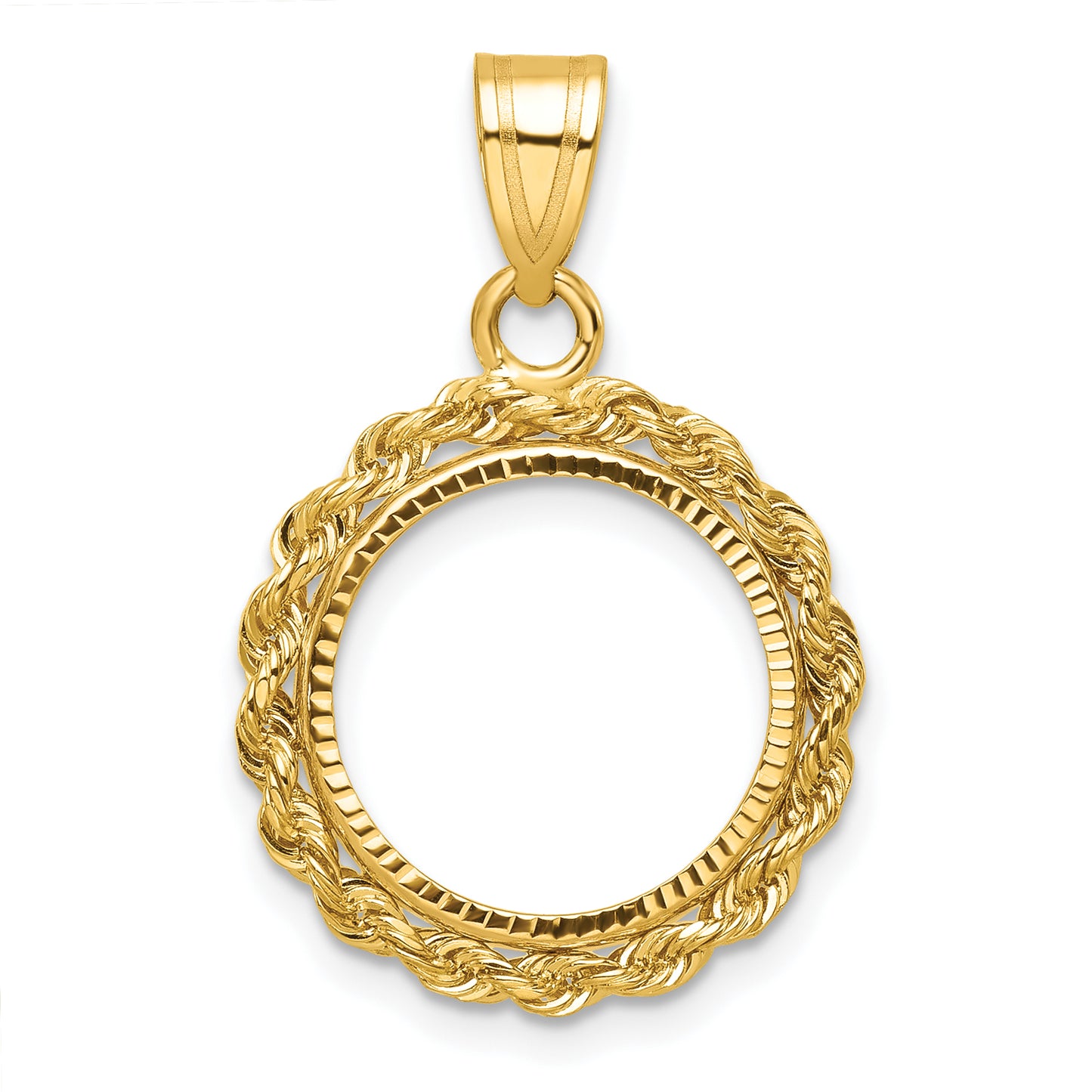 14K Yellow Gold Wideband Distinguished Coin Jewelry Diamond-Cut With Rope 14.0mm Prong Bezel Pendant