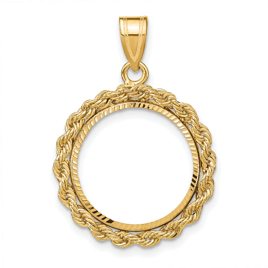 14K Yellow Gold Wideband Distinguished Coin Jewelry Diamond-Cut With Rope 16.5mm Prong Bezel Pendant