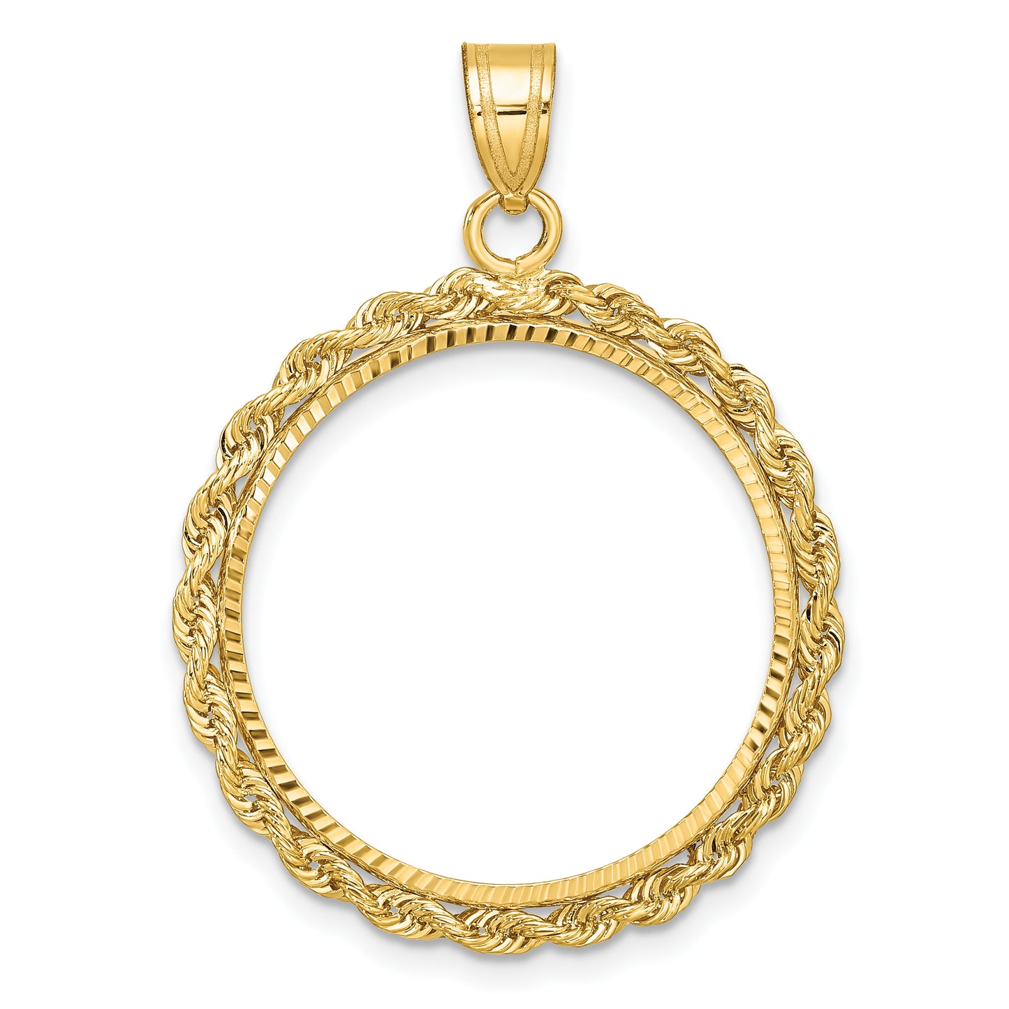 14K Yellow Gold Wideband Distinguished Coin Jewelry Diamond-Cut With Rope 22.0mm Prong Bezel Pendant