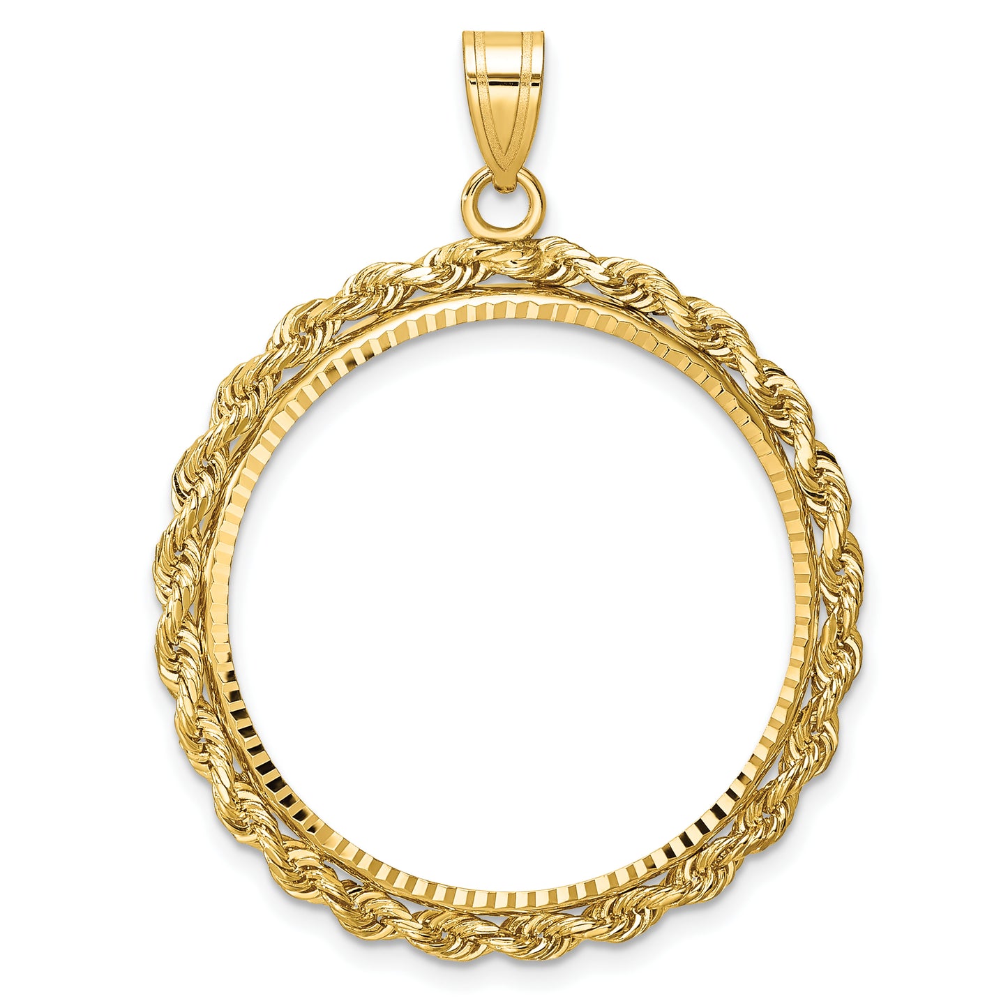 14K Yellow Gold Wideband Distinguished Coin Jewelry Diamond-Cut With Rope 27.0mm Prong Bezel Pendant