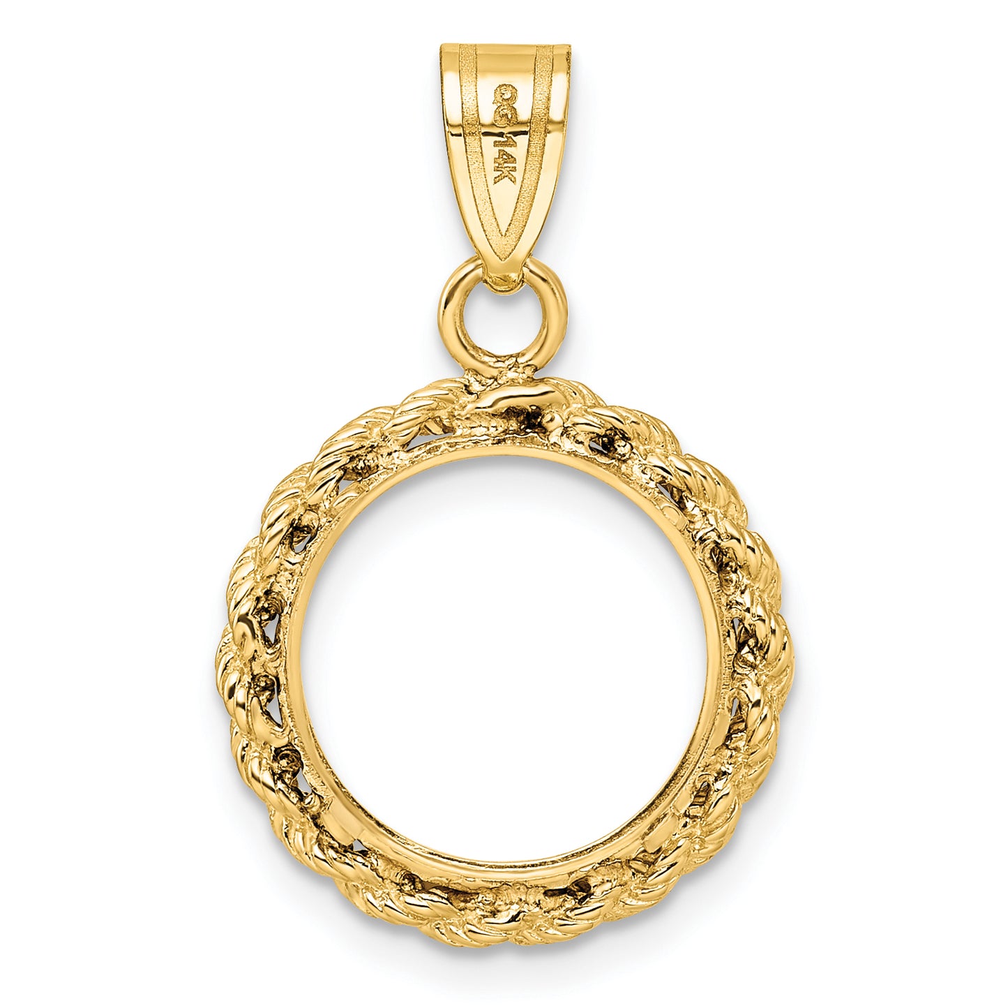 14K Yellow Gold Wideband Distinguished Coin Jewelry Polished Rope 14.0mm Prong Bezel Pendant