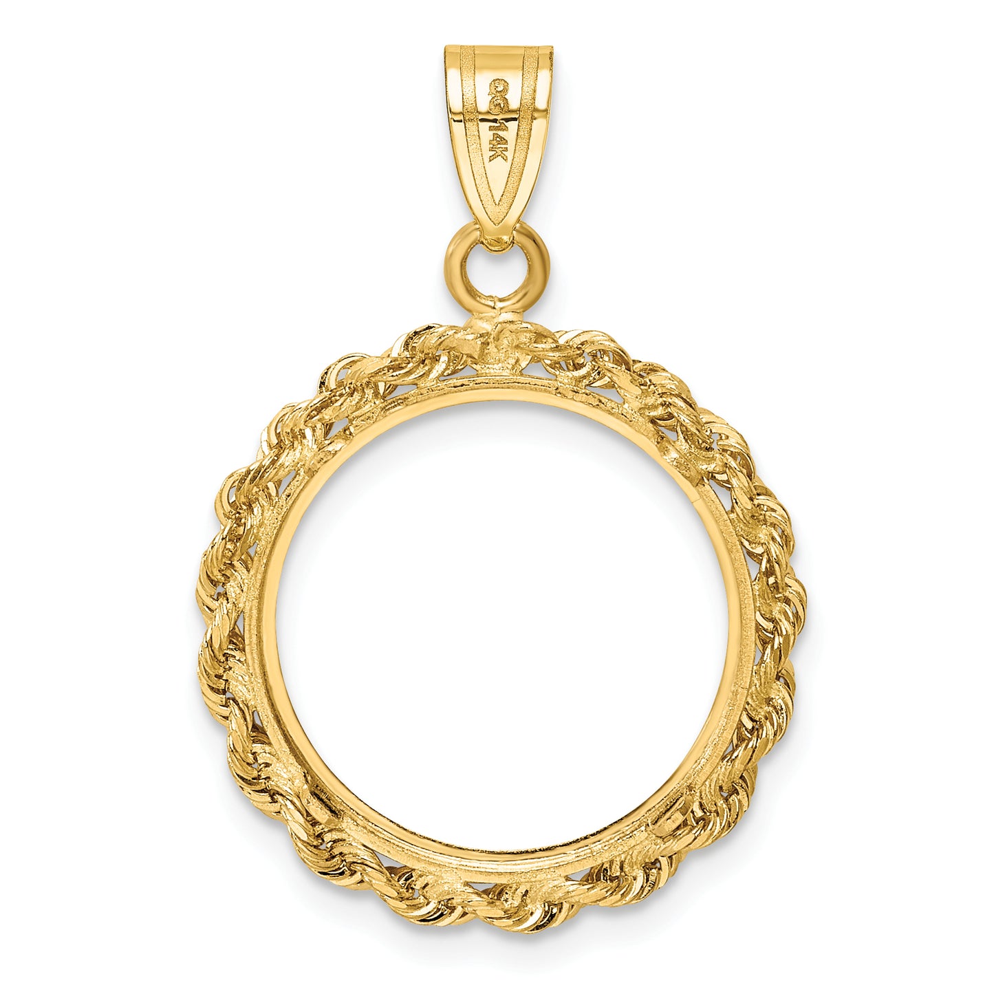 14K Yellow Gold Wideband Distinguished Coin Jewelry Polished Rope 16.5mm Prong Bezel Pendant