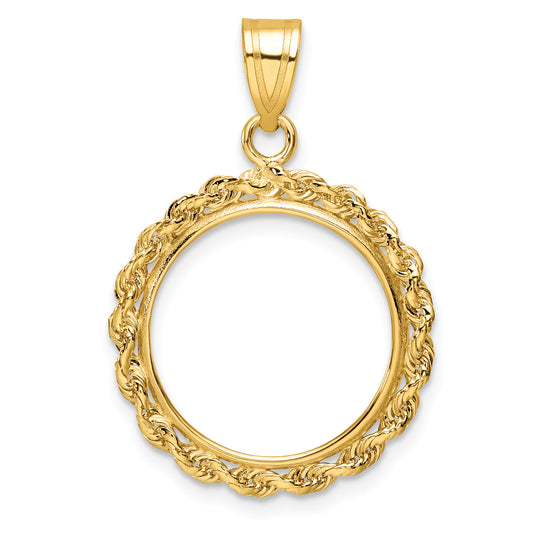 14K Yellow Gold Wideband Distinguished Coin Jewelry Polished Rope 16.5mm Prong Bezel Pendant