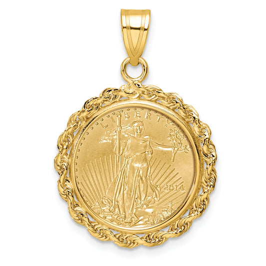 14K Yellow Gold Wideband Distinguished Coin Jewelry Polished Rope Mounted 1/10Oz American Eagle Prong Bezel Pendant