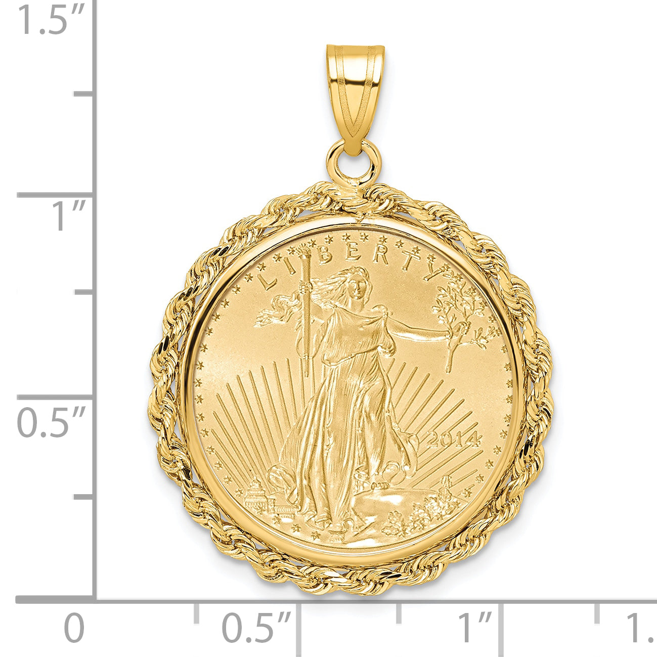 14K Yellow Gold Wideband Distinguished Coin Jewelry Polished Rope Mounted 1/4Oz American Eagle Prong Bezel Pendant