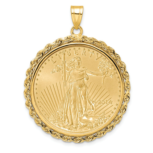 14K Yellow Gold Wideband Distinguished Coin Jewelry Polished Rope Mounted 1/2Oz American Eagle Prong Bezel Pendant