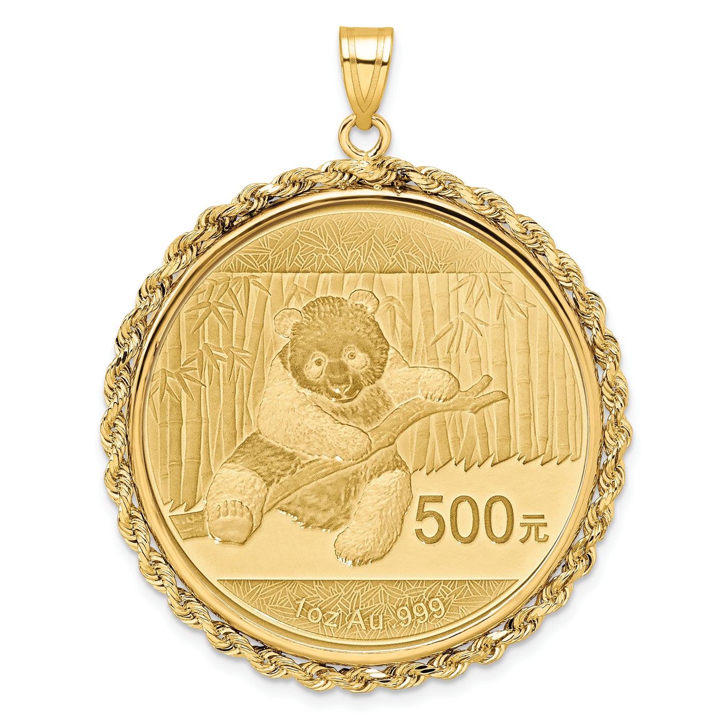 14K Yellow Gold Wideband Distinguished Coin Jewelry Polished Rope Mounted 1Oz Panda Prong Bezel Pendant