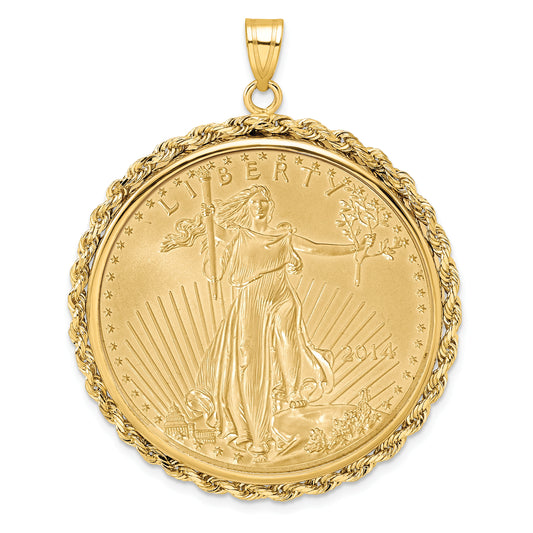 14K Yellow Gold Wideband Distinguished Coin Jewelry Polished Rope Mounted 1Oz American Eagle Prong Bezel Pendant