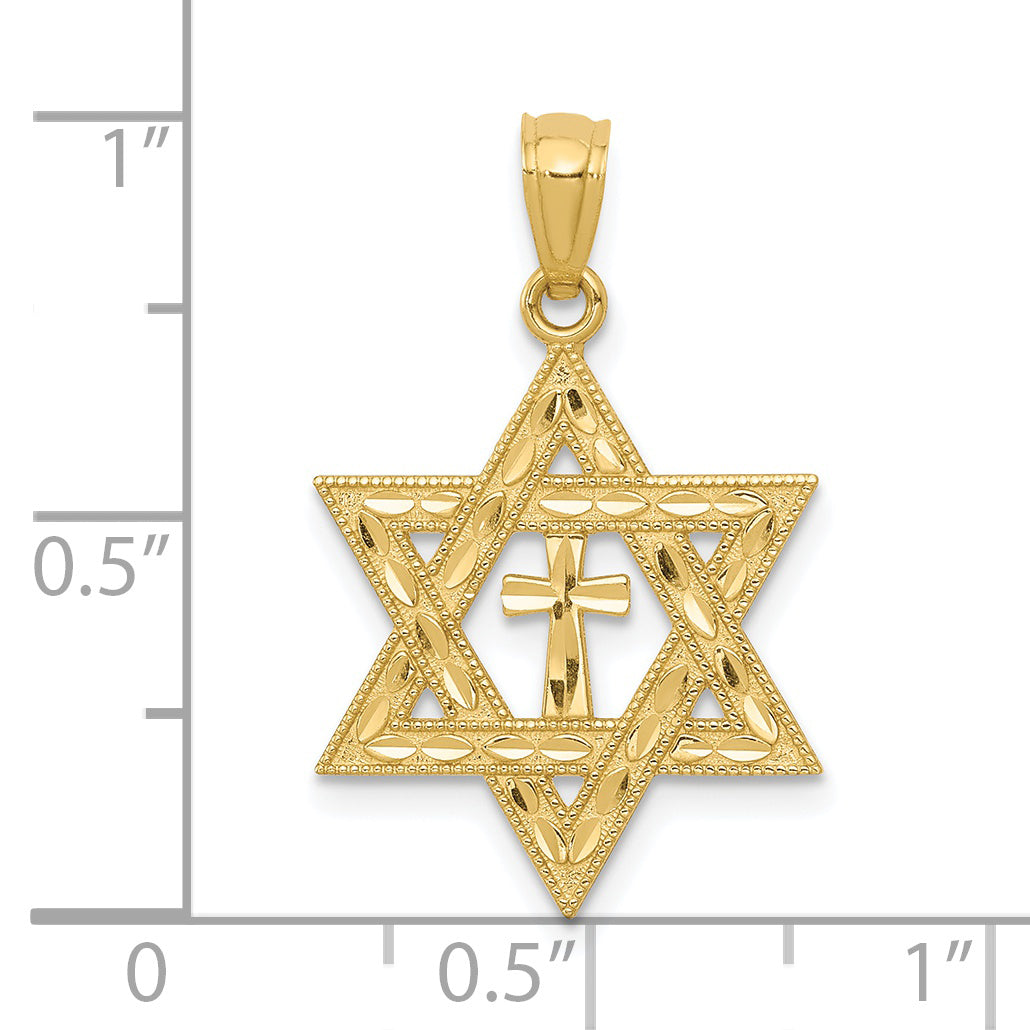 14K Yellow Gold Diamond-Cut Star Of David W/Cross Pendant