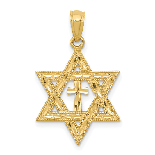 14K Yellow Gold Diamond-Cut Star Of David W/Cross Pendant