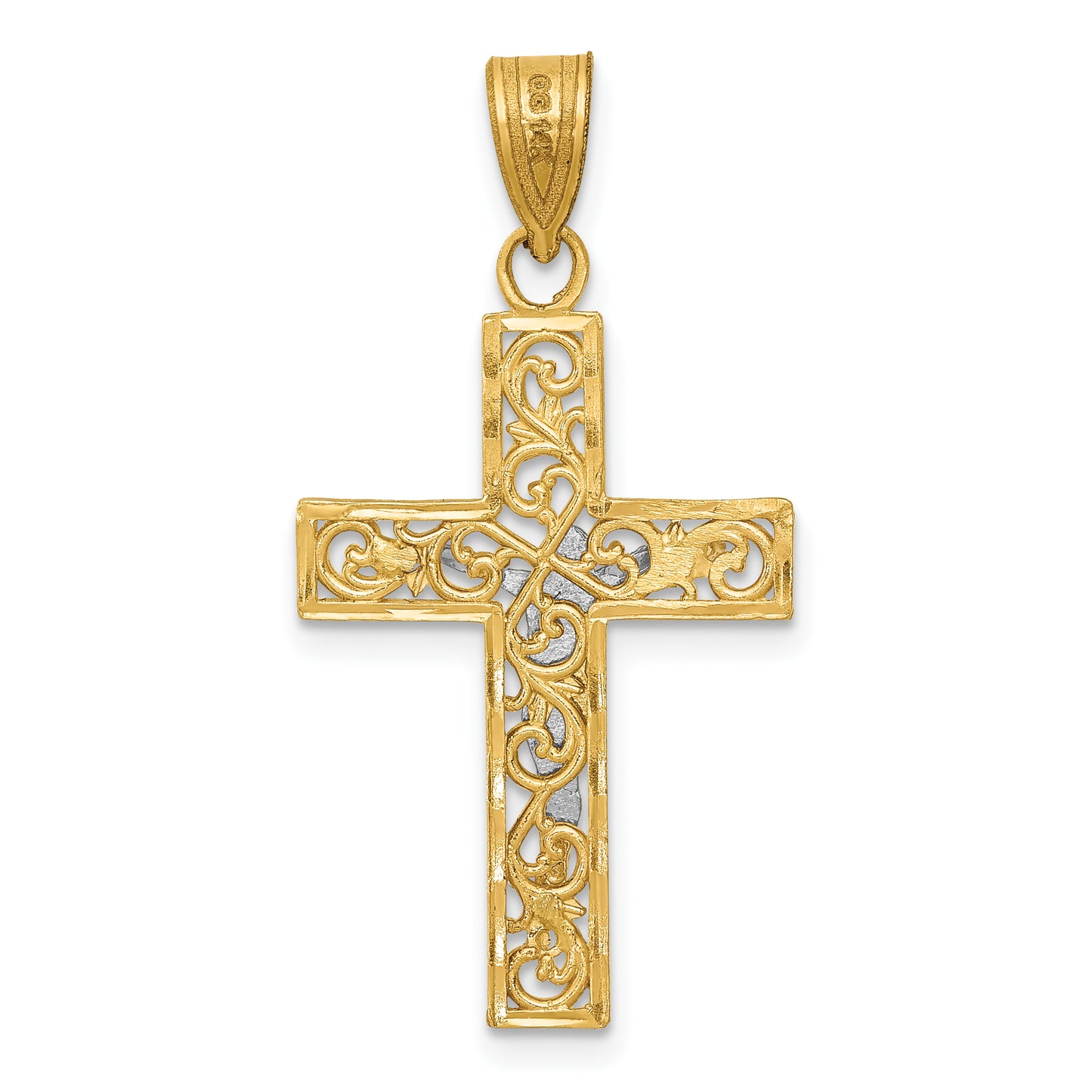 14K Two-Tone D/C Small Block Filigree Crucifix Pendant