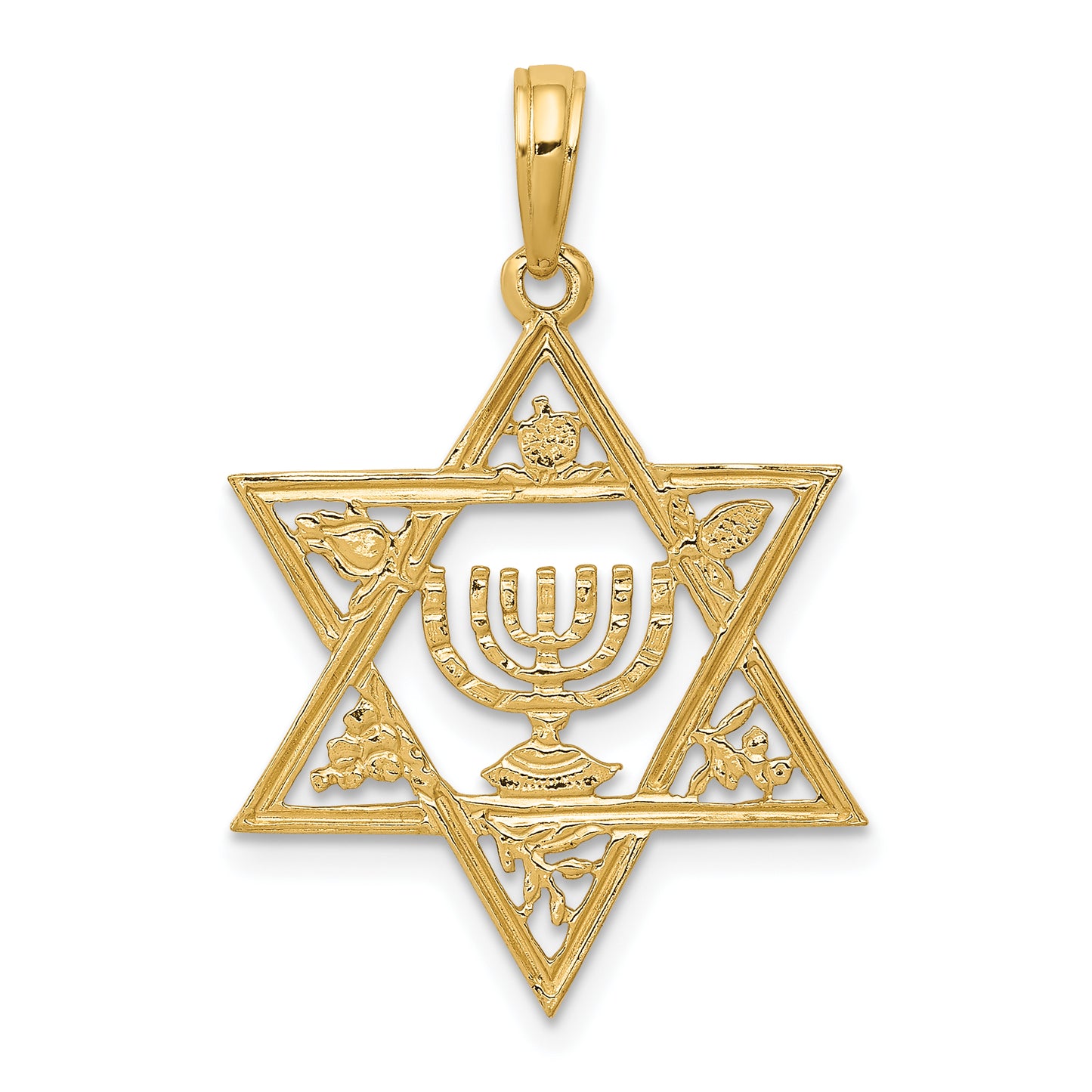 14K Yellow Gold Star Of David W/Menorah Pendant