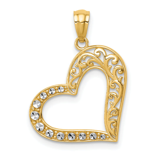 14K Yellow & Rhodium And White Polished Filigree Heart Pendant