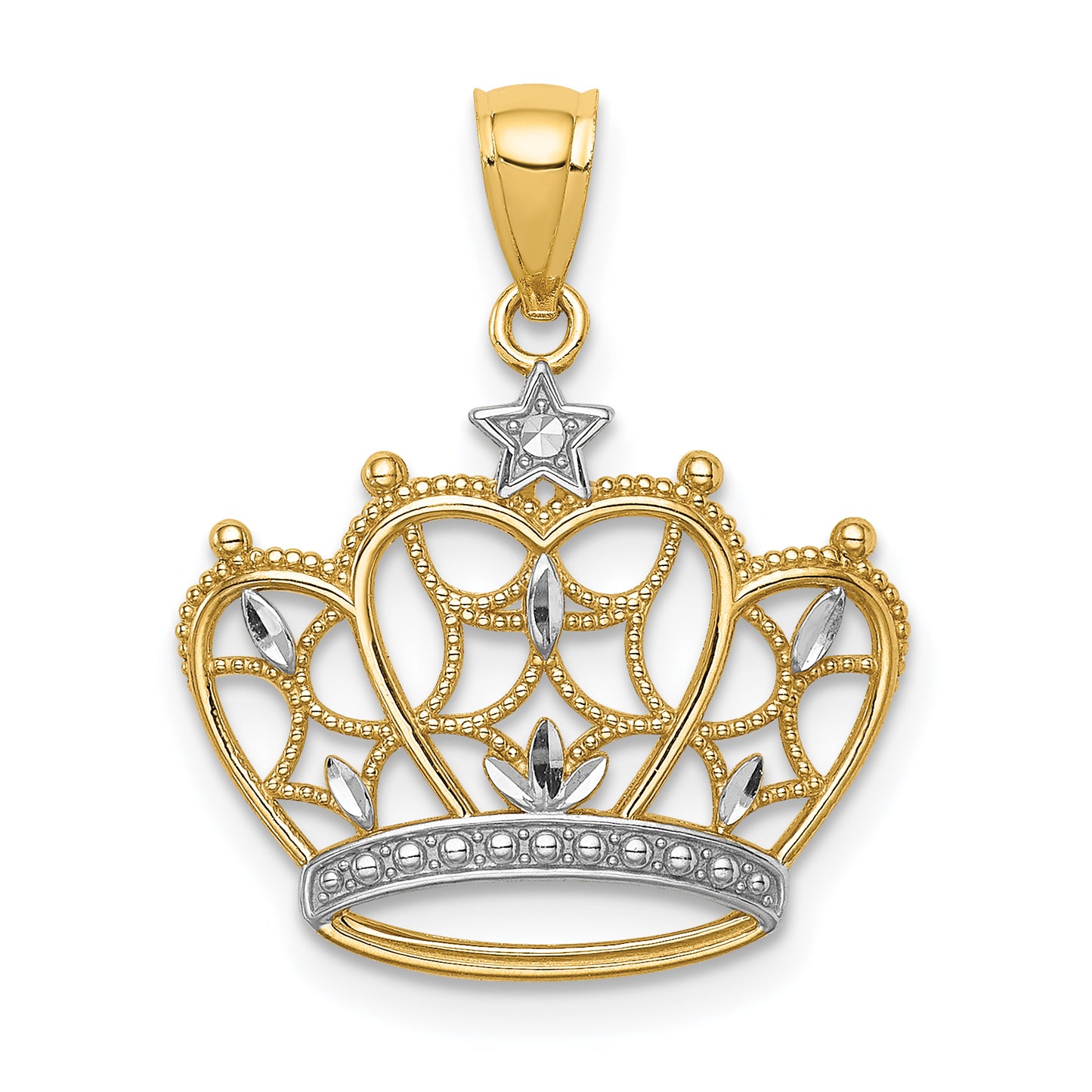 14K Yellow & Rhodium White D/C Filigree Crown Pendant