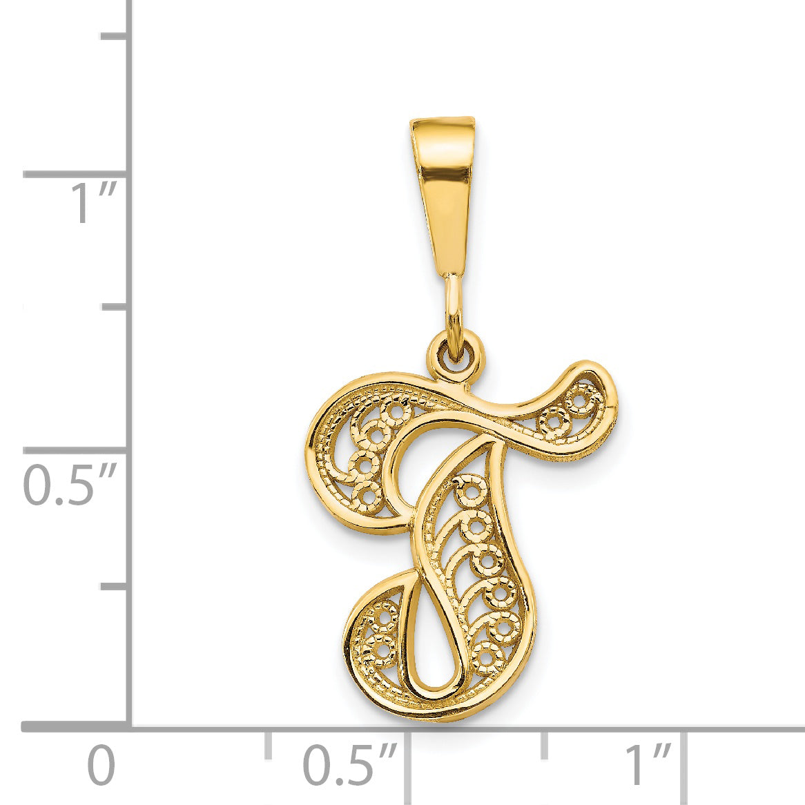 14K Yellow Gold 14Ky Polished Script Filigree Letter T Initial Pendant