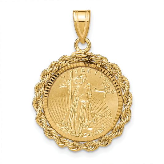 14K Yellow Gold Wideband Distinguished Coin Jewelry 14Ky Diamond-Cut Rope Prong Mounted 1/10Oz American Eagle Bezel Pendant