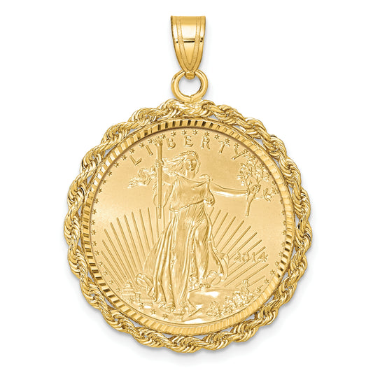 14K Yellow Gold Wideband Distinguished Coin Jewelry 14Ky Diamond-Cut Rope Prong Mounted 1/4Oz American Eagle Bezel Pendant