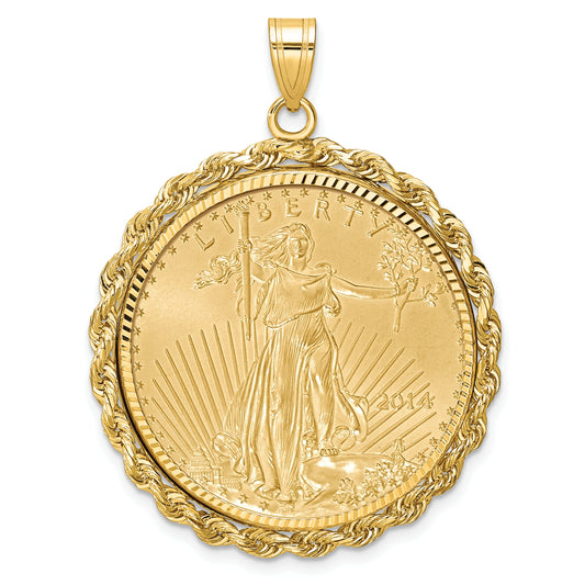 14K Yellow Gold Wideband Distinguished Coin Jewelry 14Ky Diamond-Cut Rope Prong Mounted 1/2Oz American Eagle Bezel Pendant