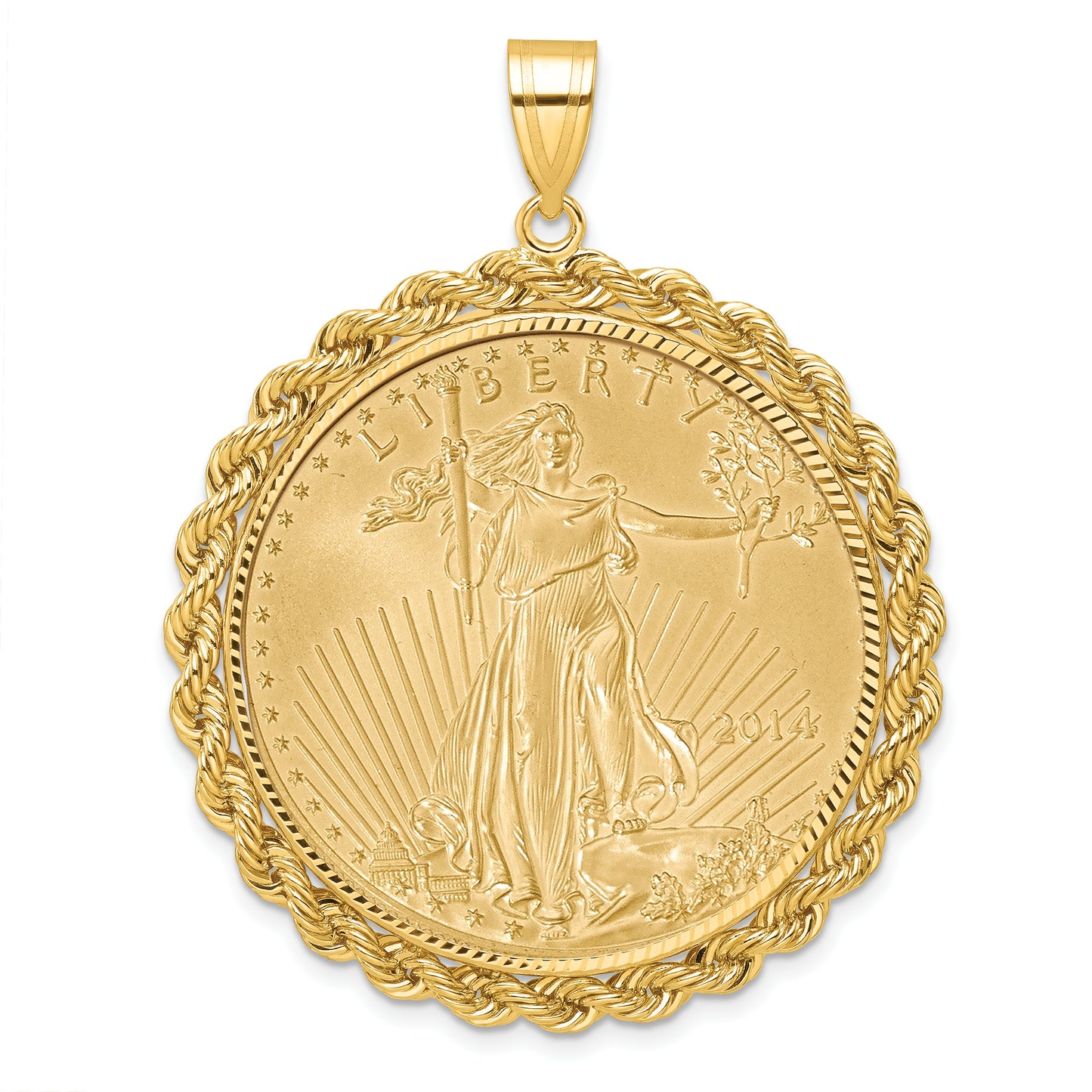 14K Yellow Gold Wideband Distinguished Coin Jewelry 14Ky Diamond-Cut Rope Prong Mounted 1Oz American Eagle Bezel Pendant