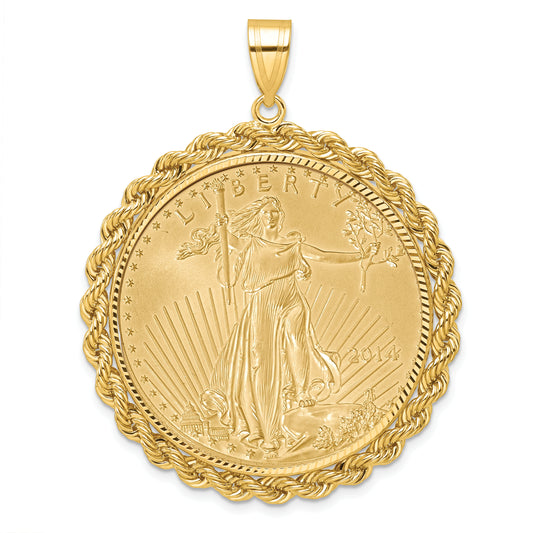 14K Yellow Gold Wideband Distinguished Coin Jewelry 14Ky Diamond-Cut Rope Prong Mounted 1Oz American Eagle Bezel Pendant