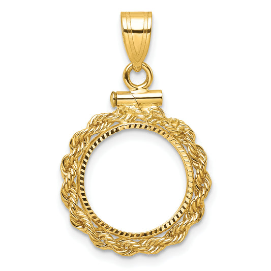 14K Yellow Gold Wideband Distinguished Coin Jewelry Polished Rope And Diamond-Cut 13.0mm X 1.1mm Screw Top Bezel Pendant