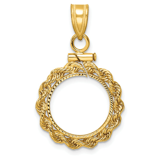 14K Yellow Gold Wideband Distinguished Coin Jewelry Polished Rope And Diamond-Cut 14.0mm X 1.1mm Screw Top Bezel Pendant