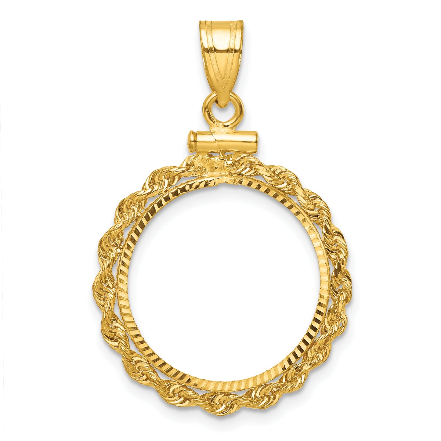 14K Yellow Gold Wideband Distinguished Coin Jewelry Polished Rope And Diamond-Cut 17.8mm X 1.35mm Screw Top Bezel Pendant