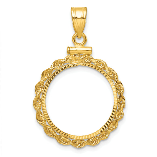 14K Yellow Gold Wideband Distinguished Coin Jewelry Polished Rope And Diamond-Cut 17.8mm X 1.35mm Screw Top Bezel Pendant