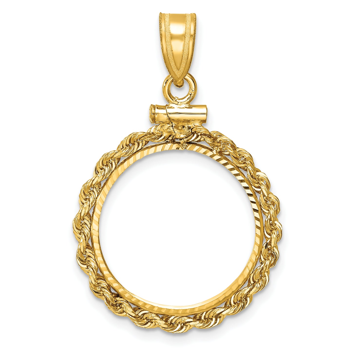 14K Yellow Gold Wideband Distinguished Coin Jewelry Polished Rope And Diamond-Cut 18.0mm X 1.35mm Screw Top Bezel Pendant