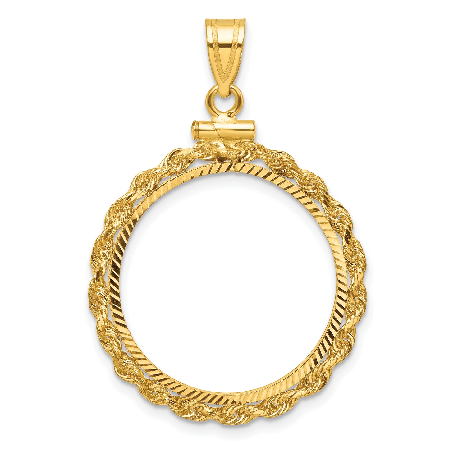 14K Yellow Gold Wideband Distinguished Coin Jewelry Polished Rope And Diamond-Cut 21.6mm X 1.7mm Screw Top Bezel Pendant