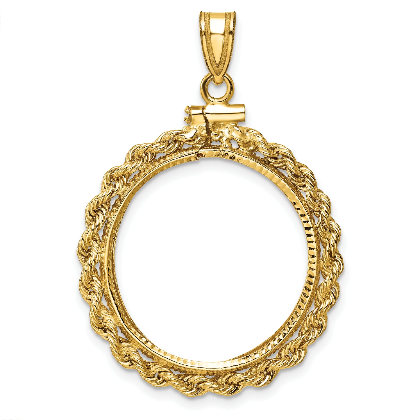 14K Yellow Gold Wideband Distinguished Coin Jewelry Polished Rope And Diamond-Cut 22.0mm X 1.9mm Screw Top Bezel Pendant