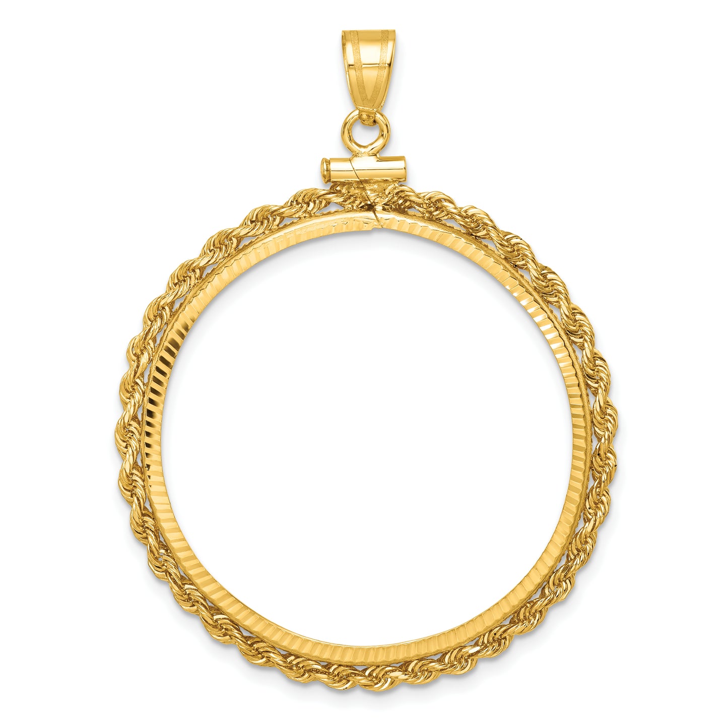 14K Yellow Gold Wideband Distinguished Coin Jewelry Polished Rope And Diamond-Cut 32.0mm X 2.85mm Screw Top Bezel Pendant