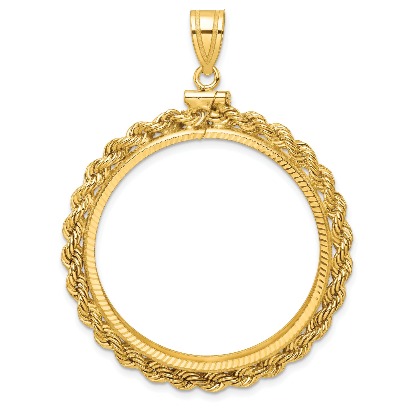 14K Yellow Gold Wideband Distinguished Coin Jewelry Polished Rope And Diamond-Cut 32.7mm X 3.00mm Screw Top Bezel Pendant