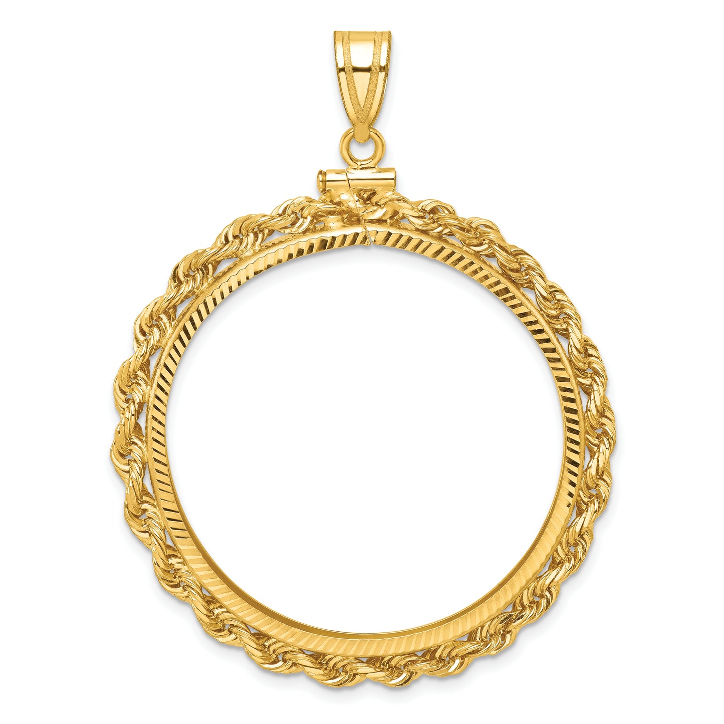 14K Yellow Gold Wideband Distinguished Coin Jewelry Polished Rope And Diamond-Cut 34.2mm X 2.85mm Screw Top Bezel Pendant