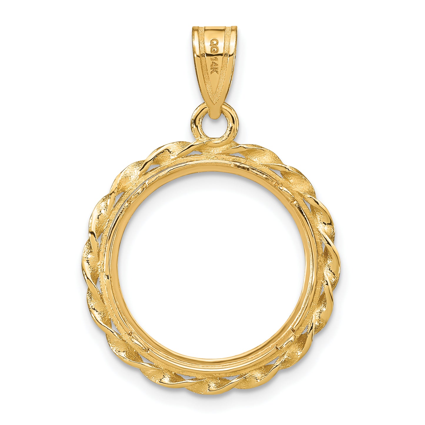 14K Yellow Gold Wideband Distinguished Coin Jewelry Polished Diamond-Cut And Wide Twisted Wire 16.5mm Prong Bezel Pendant