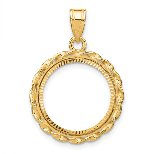 14K Yellow Gold Wideband Distinguished Coin Jewelry Polished Diamond-Cut And Wide Twisted Wire 16.5mm Prong Bezel Pendant