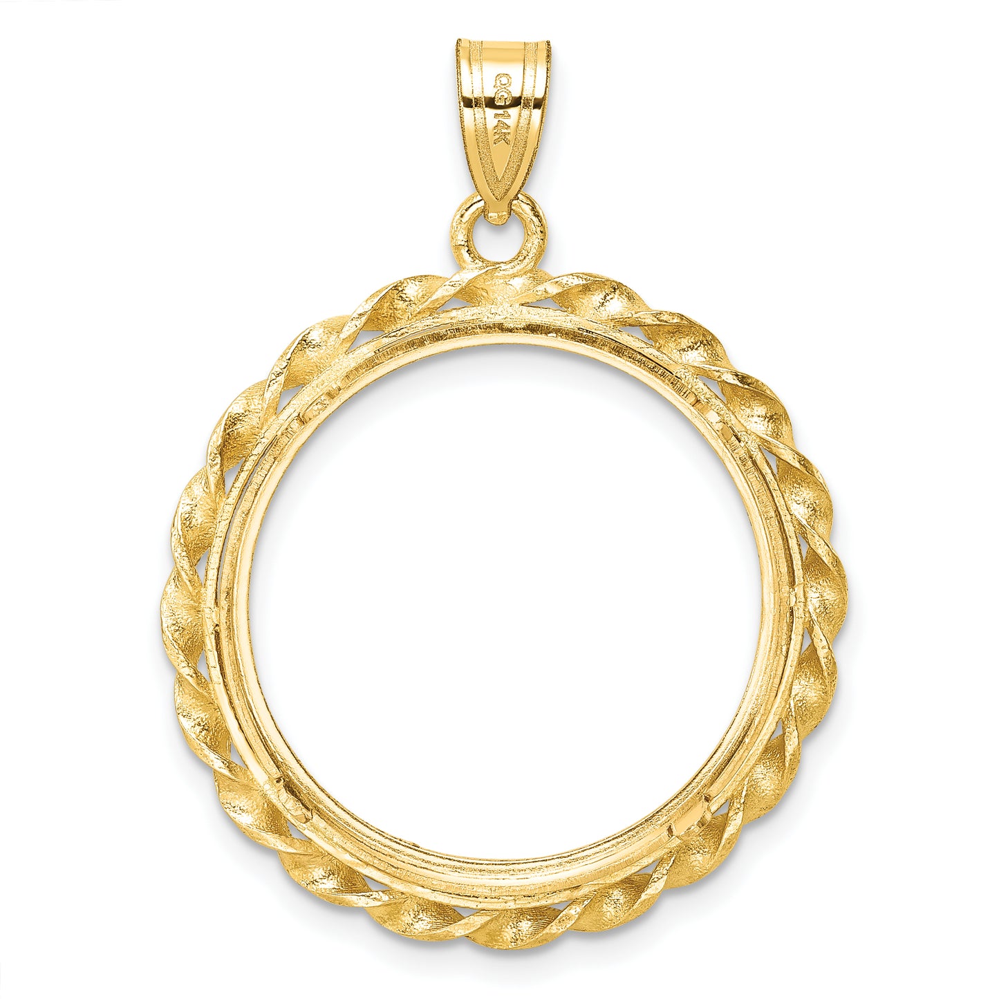 14K Yellow Gold Wideband Distinguished Coin Jewelry Polished Diamond-Cut And Wide Twisted Wire 22.0mm Prong Bezel Pendant