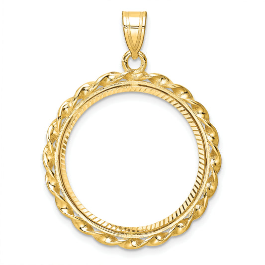 14K Yellow Gold Wideband Distinguished Coin Jewelry Polished Diamond-Cut And Wide Twisted Wire 22.0mm Prong Bezel Pendant