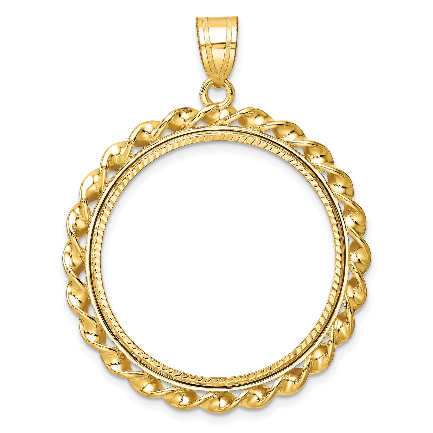 14K Yellow Gold Wideband Distinguished Coin Jewelry Polished Diamond-Cut And Wide Twisted Wire 27.0mm Prong Bezel Pendant