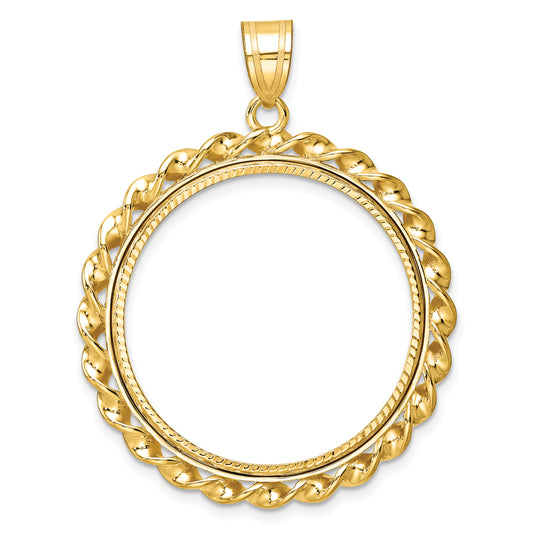 14K Yellow Gold Wideband Distinguished Coin Jewelry Polished Diamond-Cut And Wide Twisted Wire 27.0mm Prong Bezel Pendant