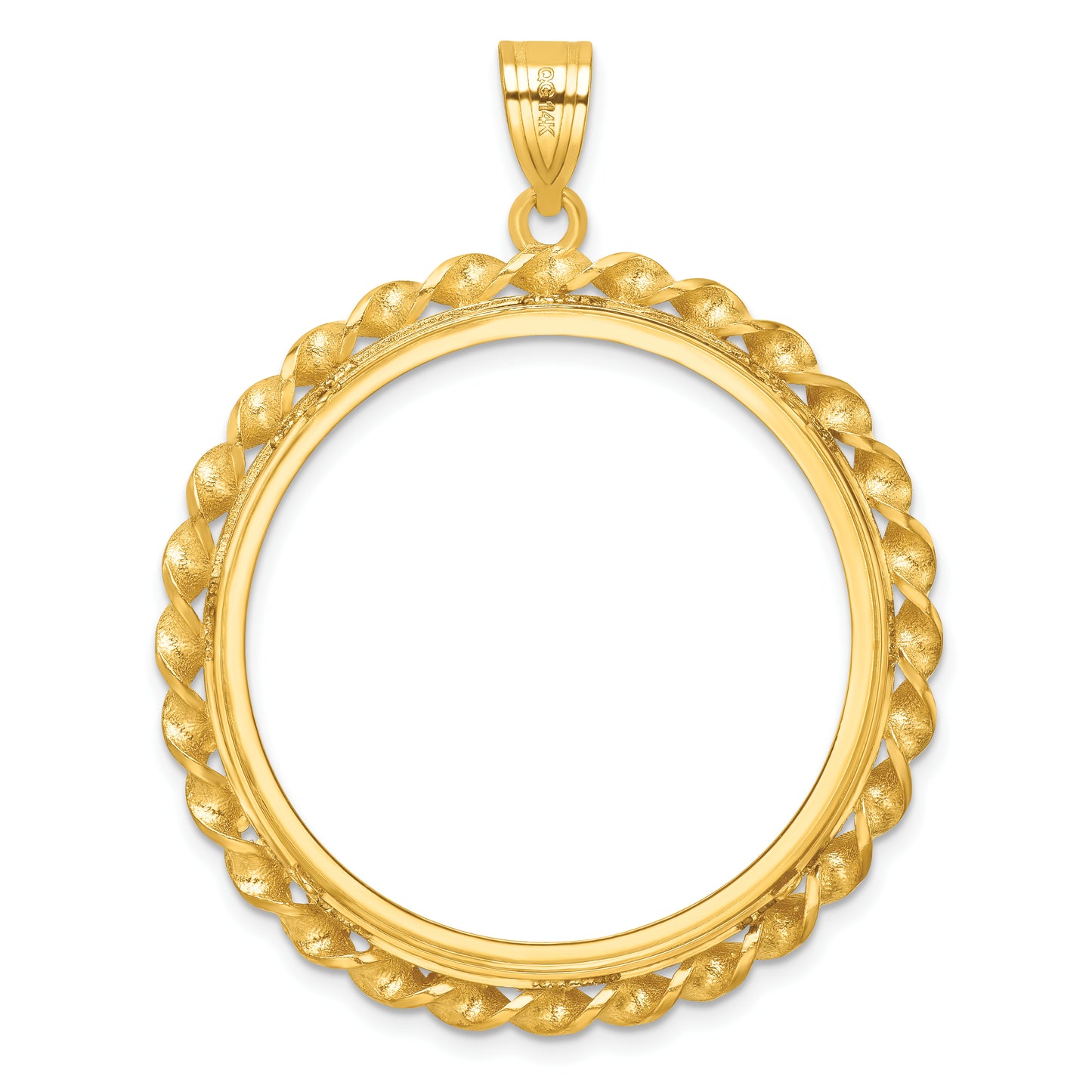 14K Yellow Gold Wideband Distinguished Coin Jewelry Polished Diamond-Cut And Wide Twisted Wire 32.7mm Prong Bezel Pendant