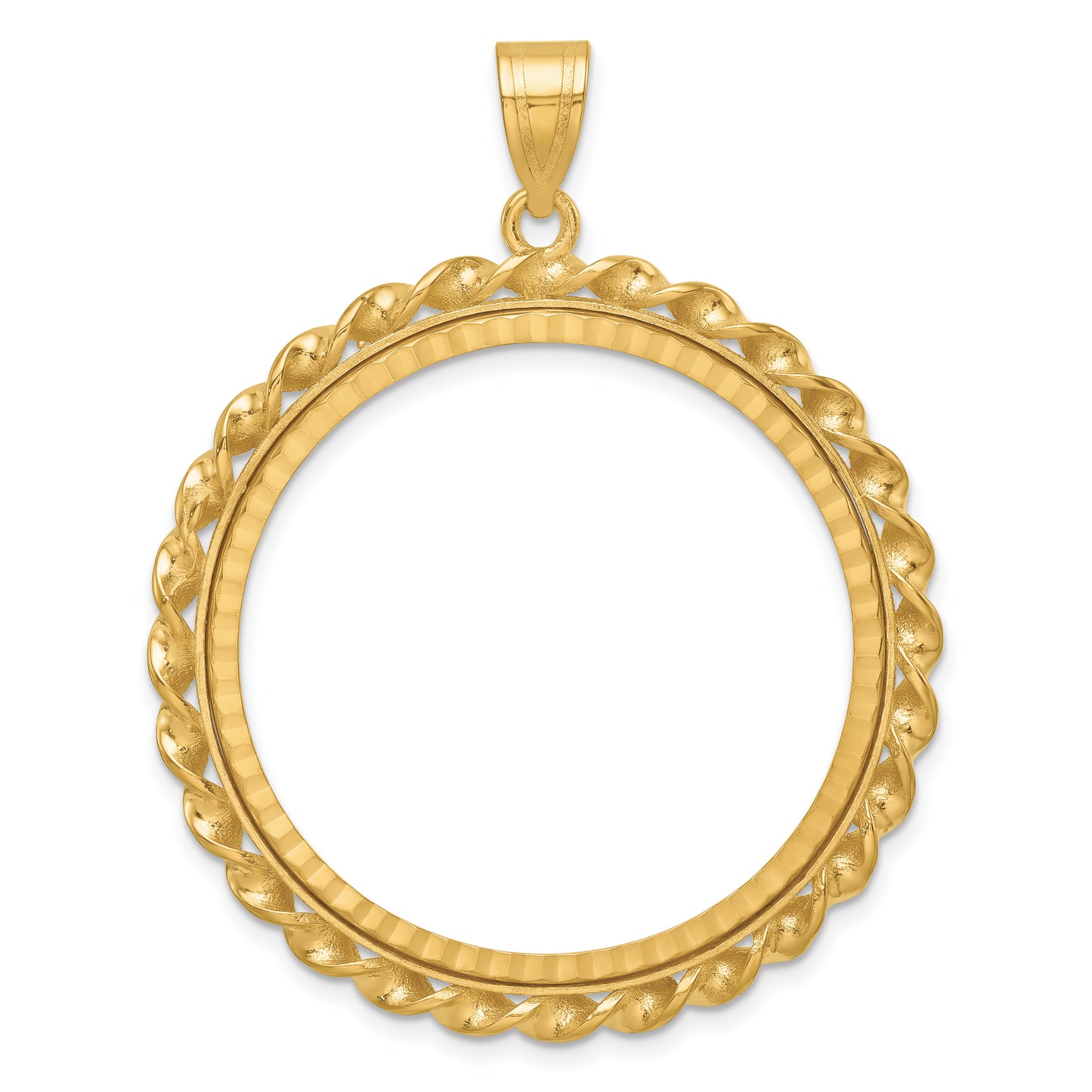 14K Yellow Gold Wideband Distinguished Coin Jewelry Polished Diamond-Cut And Wide Twisted Wire 32.7mm Prong Bezel Pendant