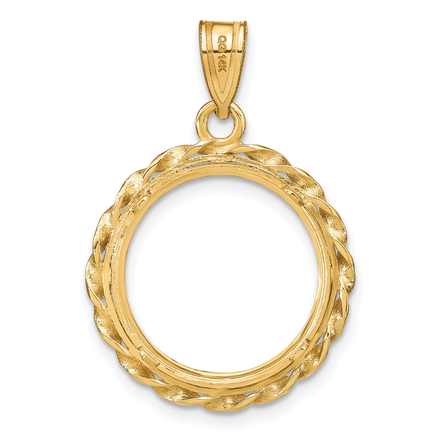 14K Yellow Gold Wideband Distinguished Coin Jewelry Polished Wide Twisted Wire 16.5mm Prong Bezel Pendant