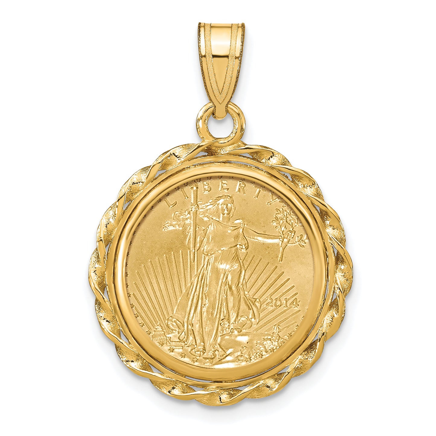 14K Yellow Gold Wideband Distinguished Coin Jewelry Polished Wide Twisted Wire Mounted 1/10Oz American Eagle Prong Bezel Pendant