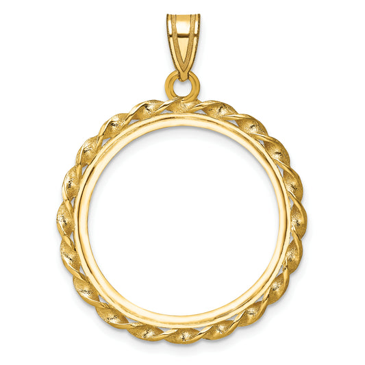 14K Yellow Gold Wideband Distinguished Coin Jewelry Polished Wide Twisted Wire 22.0mm Prong Bezel Pendant