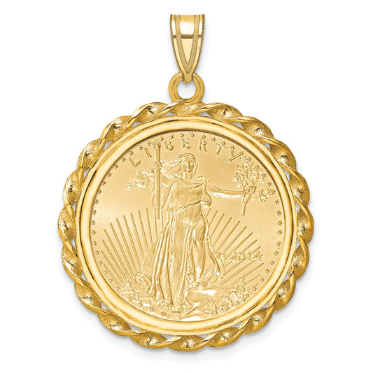 14K Yellow Gold Wideband Distinguished Coin Jewelry Polished Wide Twisted Wire Mounted 1/4Oz American Eagle Prong Bezel Pendant