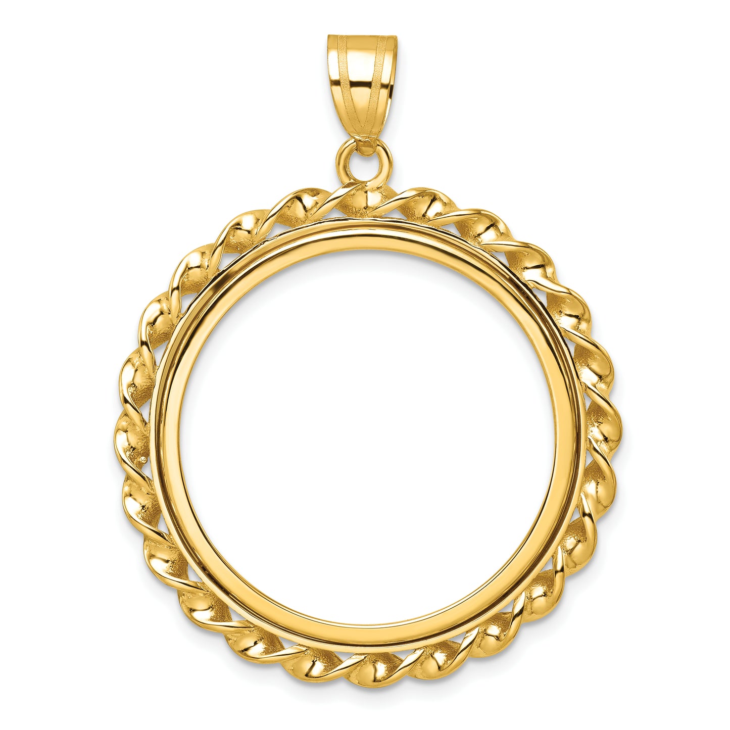 14K Yellow Gold Wideband Distinguished Coin Jewelry Polished Wide Twisted Wire 27.0mm Prong Bezel Pendant