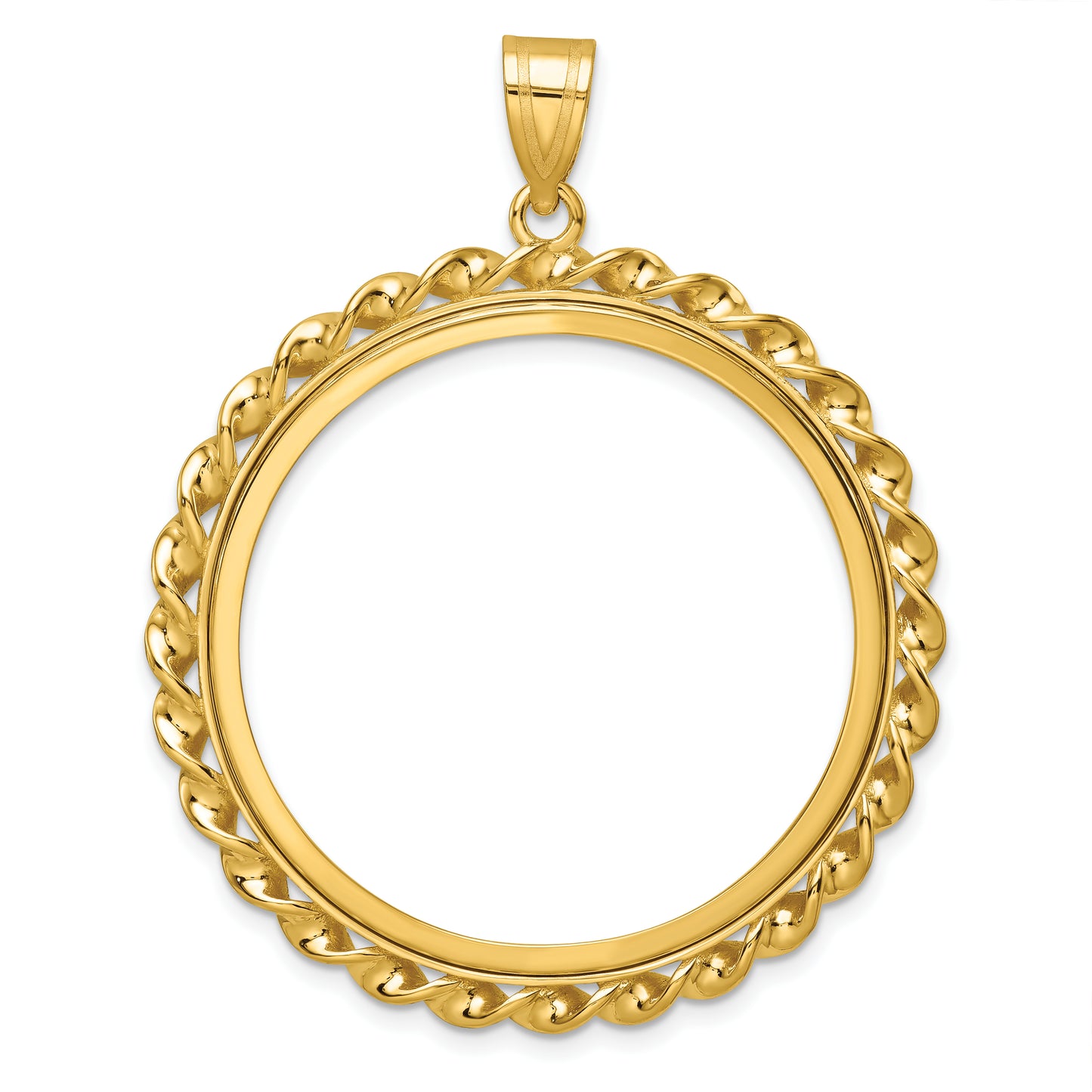 14K Yellow Gold Wideband Distinguished Coin Jewelry Polished Wide Twisted Wire 32.7mm Prong Bezel Pendant