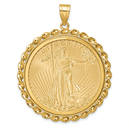 14K Yellow Gold Wideband Distinguished Coin Jewelry Polished Wide Twisted Wire Mounted 1Oz American Eagle Prong Bezel Pendant